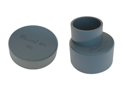 Tutup hujung dan penurun (reducer) besi tuang tanpa hab (hubless) bersalut epoksi dan zink